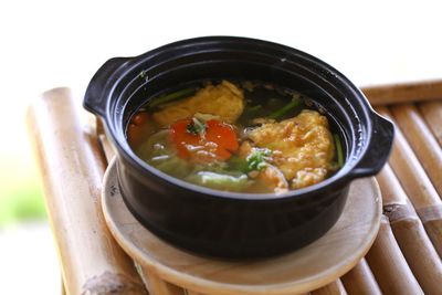 High angle view of soup in bowl on table