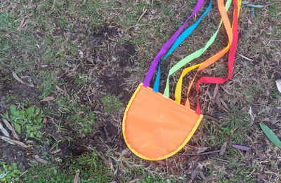 High angle view of multi colored umbrella on field