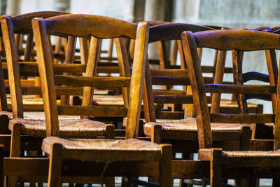 Close-up of empty chairs and tables in cafe