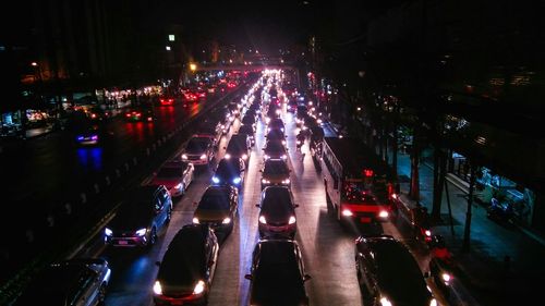 High angle view of traffic on road at night