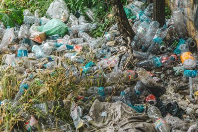 High angle view of garbage on field