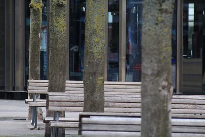 Empty benches on footpath by building