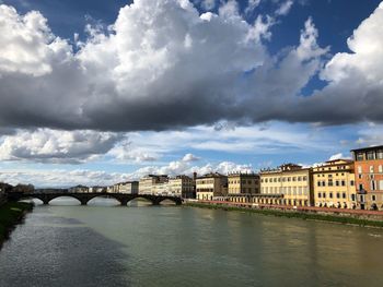 Bridge over river by buildings in city against sky