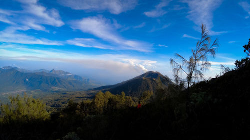 Scenic view of mountains against blue sky
