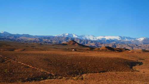 Scenic view of mountains against clear blue sky