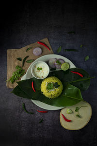High angle view of food in plate on table