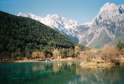 Scenic view of lake and mountains against sky