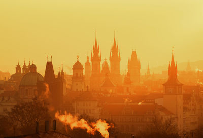 Panoramic view of buildings in city against clear sky during sunset