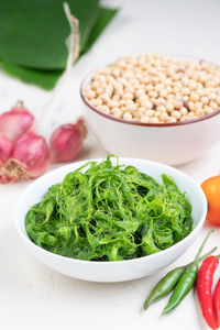 High angle view of salad in bowl on table