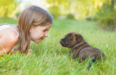 Girl playing with dog on grass