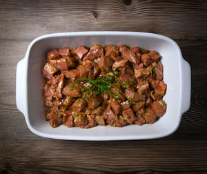 High angle view of food in plate on table