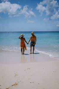 Rear view of friends on beach against sky