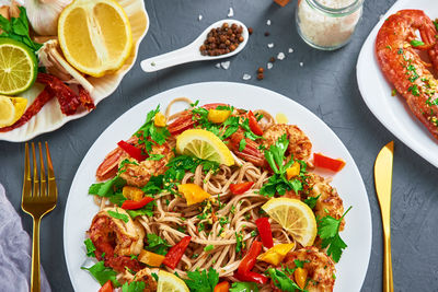 Stir fry noodle with shrimps, asian cuisine, cooked soba