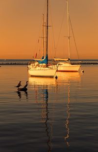 Sailboats moored in sea against sky during sunset