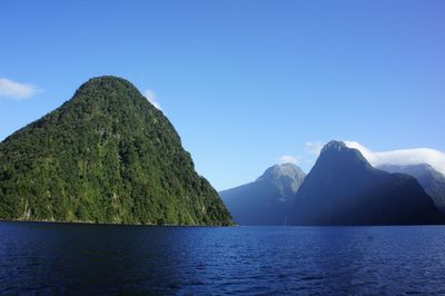 Scenic view of milford sound by mountains against sky