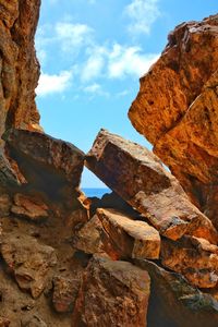Low angle view of rock formation in sea against sky
