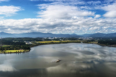 View of lake with mountain range in background