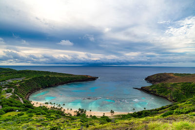 Scenic view of bay against sky