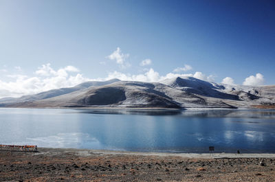 Scenic view of lake by mountains against sky