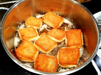 High angle view of food in cooking pan