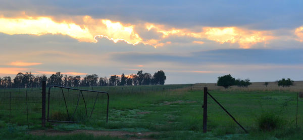 Scenic view of grassy field against cloudy sky