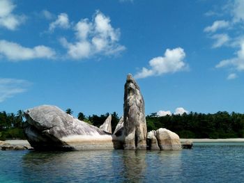 Scenic view of rocks by river against sky