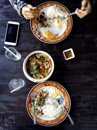 High angle view of meal served on table