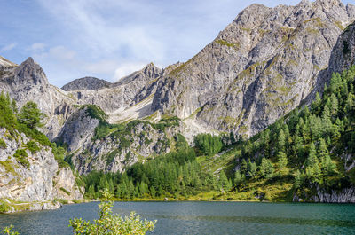 Scenic view of lake and mountains against sky