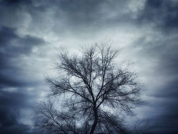 Low angle view of bare tree against cloudy sky