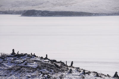 People on shore by sea against sky during winter