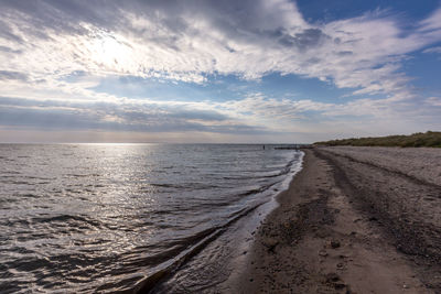 Scenic view of beach against sky during sunset