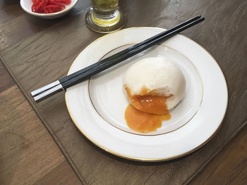 High angle view of breakfast in plate on table