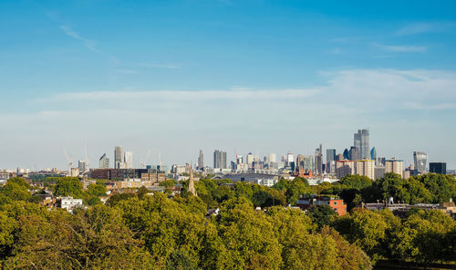 Plants and buildings in city against sky