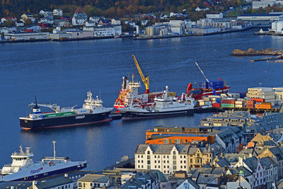 High angle view of ship moored at harbor