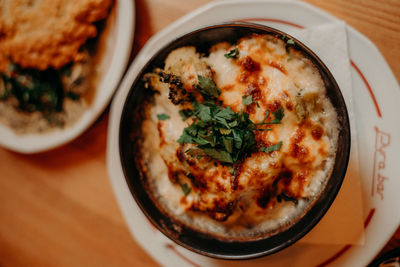 High angle view of food in plate on table