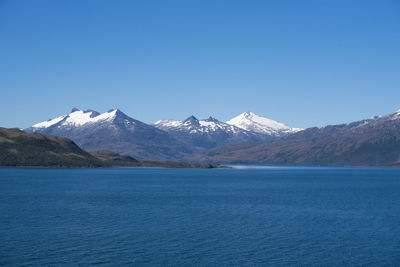 Scenic view of snowcapped mountains against clear blue sky