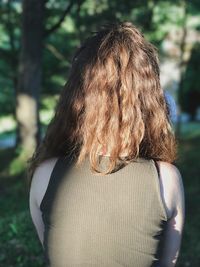 Rear view of woman with brown hair at park