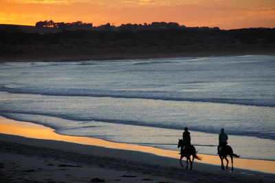 Silhouette people riding on beach against sky during sunset