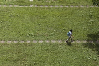 High angle view of woman walking on green field