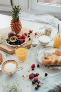 High angle view of breakfast served on table