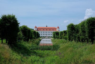 Trees and buildings on field against sky