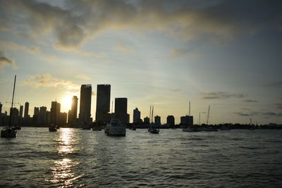 City at waterfront during sunset