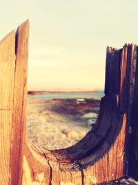 Close-up of wooden posts on beach against sky during sunset