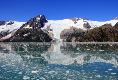 Scenic view of snowcapped mountains against clear blue sky