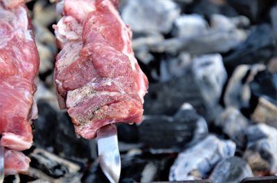 Pieces of meat on a skewer, preparation for barbecue