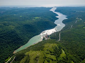 High angle view of landscape and mountains