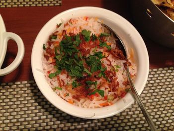 High angle view of salad in bowl on table