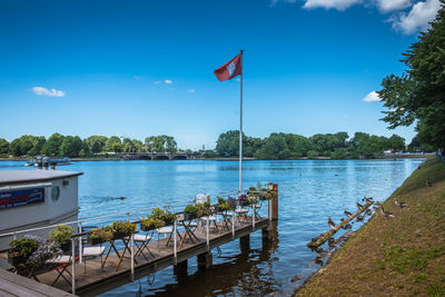 Scenic view of lake against blue sky