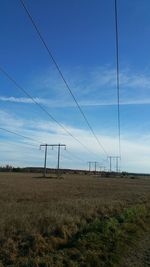 Electricity pylons on countryside landscape against blue sky