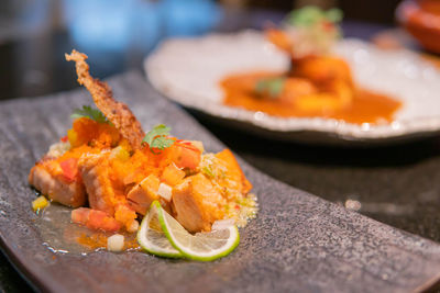 Close-up of seafood in plate on table